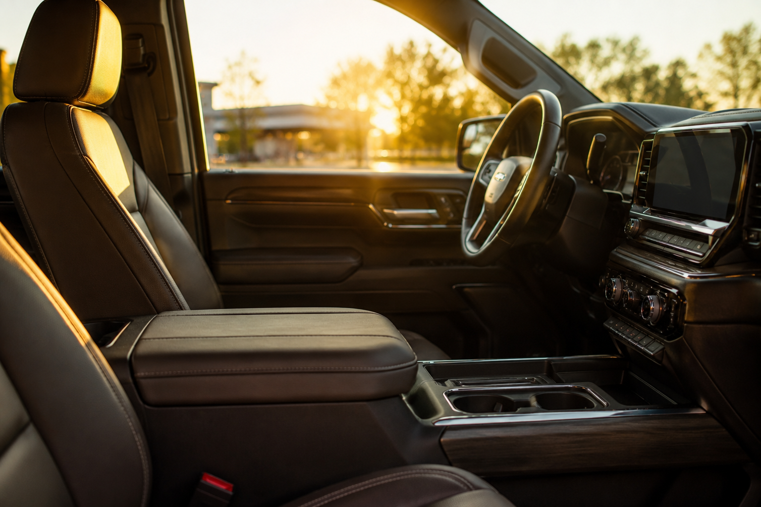 best position to carry a gun while driving modern vehicle interior with center console and driver seat during golden hour